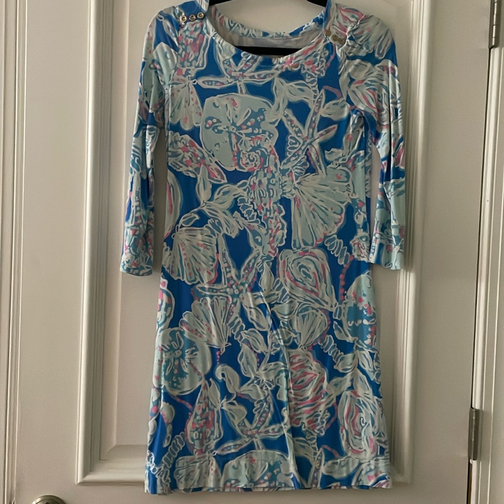 Lilly Pulitzer UPF 50 + Cotton SOPHIE DRESS Bay Blue Pink Into the Deep XS Shift